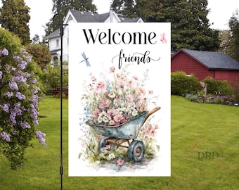Willkommen Freunde Garten Flagge Sublimationsentwurf, Aquarell Blumen 12x18 Yard Flagge Png, Wildblumen Png, digitaler Download Yard Flagge Vorlage