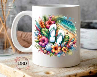 Summer Mug Design, 11oz Mug Design Png, Beach Mug Sublimation Designs, Seashell Beach Mug Wrap, Summer Vibes Png Digital Download, Flip Flop