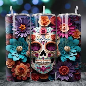 3D Sugar Skull with Flowers 20oz & 30oz Skinny Sublimation Tumbler Template, Skull  tumbler png, Instant Digital Download, Sugar Skull Png