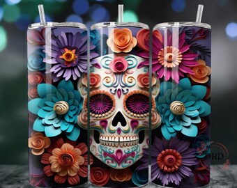 3D Sugar Skull with Flowers 20oz & 30oz Skinny Sublimation Tumbler Template, Skull  tumbler png, Instant Digital Download, Sugar Skull Png