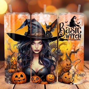 May include: A stainless steel tumbler with a design featuring a witch with a black hat and long black hair, pumpkins, and the text "Basic Witch".