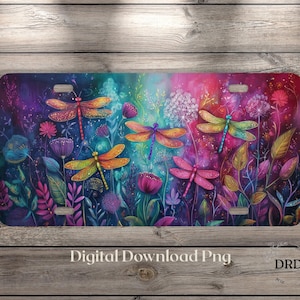 Puede incluir: Placa de matrícula con un diseño colorido de libélulas y flores. Las libélulas son de color naranja, amarillo y verde, sobre un fondo de tonos morados, rosas y azules. El texto "Digital Download Png" es visible.