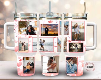 May include: A white tumbler with a handle, featuring a collage of romantic photos in pink frames. Pink hearts and stars decorate the background. The tumbler has a silver lid and a straw. The design includes the initials "DRD".