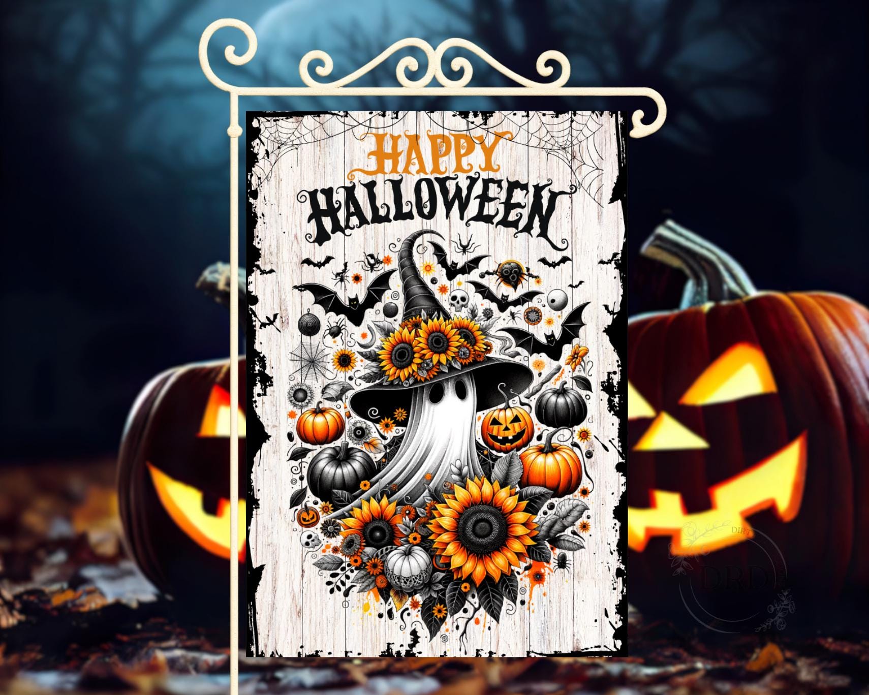Halloween Ghost Flag PNG, Witch Hat, Sunflowers, Pumpkins, Rustic