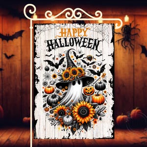 May include: A Halloween garden flag featuring a ghost wearing a witch hat adorned with sunflowers. The flag has pumpkins, bats, and spiders, with the words "Happy Halloween" at the top. The background is a wooden wall.
