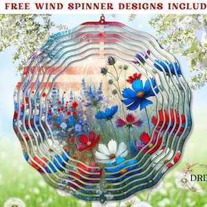 Puede incluir: Un molinillo de viento de metal en capas con un diseño floral. Presenta flores rojas, blancas y azules. El molinillo tiene forma circular con una serie de capas curvas en forma de ola. El fondo muestra un campo de flores y el texto "~12 FREE WIND SPINNER DESIGNS INCLUDED~".