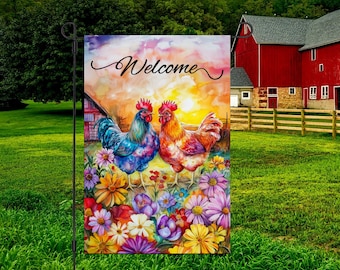 Chickens Garden Flag Png, Welcome Spring Garden Flag Sublimation Design, 12x18 Garden Flag Digital Download Png, Roster Farm Yard Flag,