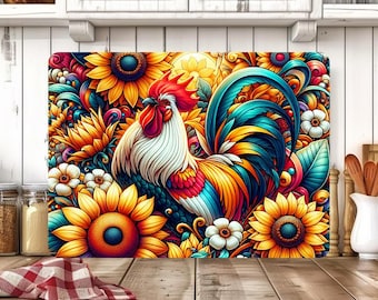 Diseño PNG de tabla de cortar con gallo para sublimación, tabla de cortar de vidrio con pollos, tabla de cortar de cocina para descarga digital, gallo en acuarela PNG