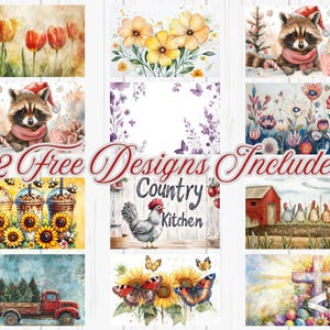 May include: A collection of watercolor designs featuring floral arrangements, a raccoon in a scarf, and a red truck carrying a Christmas tree. The designs include the text "12 Free Designs Included".