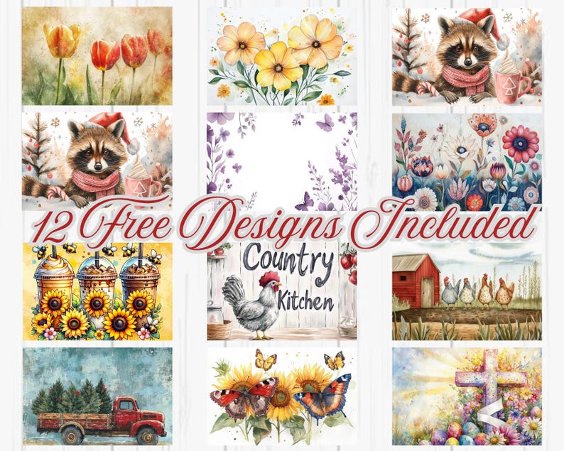 May include: A collection of watercolor designs featuring floral arrangements, a raccoon in a scarf, and a red truck carrying a Christmas tree. The designs include the text "12 Free Designs Included".