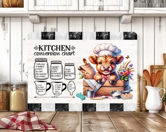 Tabella di conversione delle mucche delle Highlands, design per sublimazione del tagliere, design floreale del tagliere, tagliere in vetro PNG, tagliere da cucina