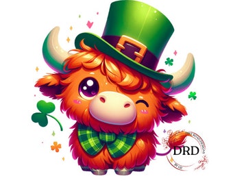 St Patrick's Day Highland Cow Png, Highland Cow Clipart, St Patrick's Clipart, Lucky Png, Highland Cow Digital Download Sublimation Design
