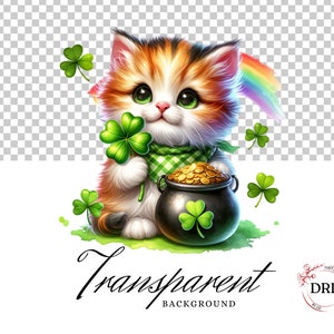 May include: A cute orange and white kitten with green eyes holds a pot of gold coins. The kitten is surrounded by green shamrocks and a rainbow.