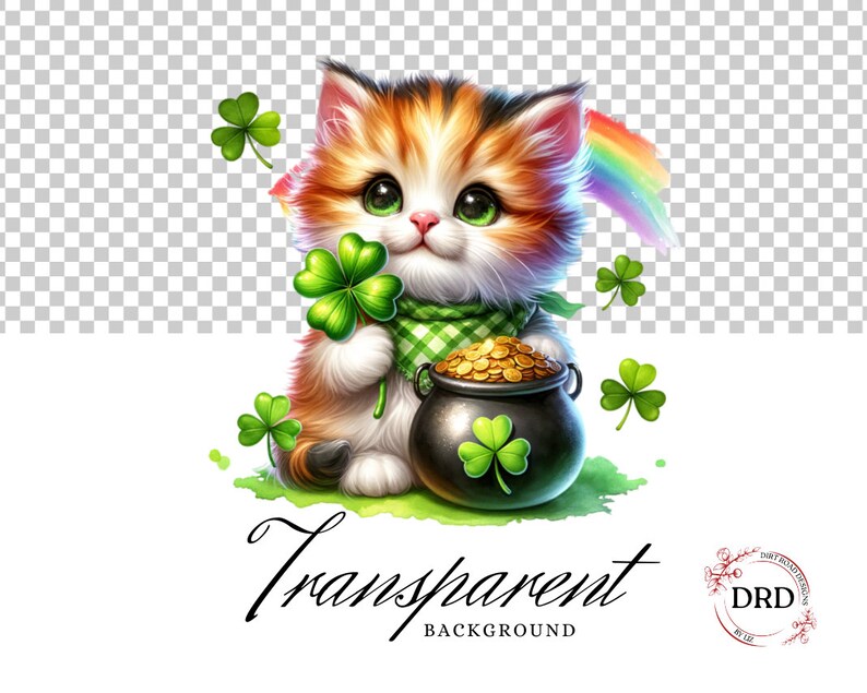 May include: A cute orange and white kitten with green eyes holds a pot of gold coins. The kitten is surrounded by green shamrocks and a rainbow.