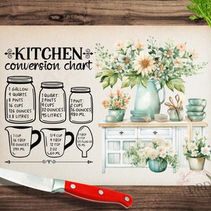 Conversion Chart Cutting Board Sublimation Design, Floral Cutting Board Design, Farmhouse Glass Cutting Board PNG, Kitchen Chopping Board