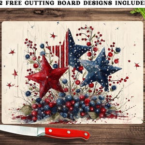 Americana Floral Cutting Board Design, 4th of July Red White Blue Sublimation Download, Rustic USA Kitchen Decor, Patriotic Star Wreath PNG