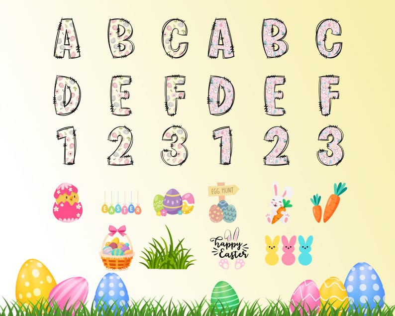 Easter Alpha Doodle Sublimation Bundle, Alphabet Png Bundle, Doodle Set ...