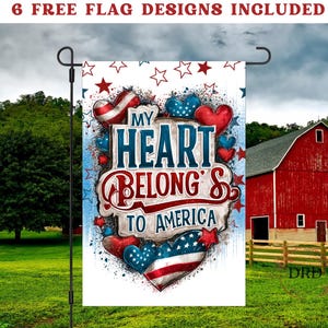 Bandiera rustica patriottica in legno da giardino, design a sublimazione, bandiera &quot;Il mio cuore appartiene all&#39;America&quot;, download digitale della bandiera del Memorial Day del 4 luglio in formato PNG
