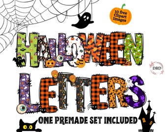 Halloween Doodle Png Letters, Premade Clipart, Halloween Alphabet Png Bundle, Doodle Set With Free Clipart, Halloween Digital Download Png