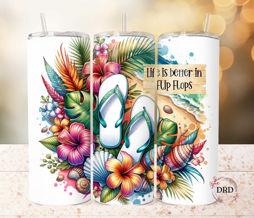 Flip Flops Tumbler Wrap 20oz Skinny Sublimation Design, Summer Vibes ...