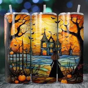 Halloween Haunted Castle Stained Glass 20oz Skinny Sublimation Tumbler Wrap Digital Download Png, Halloween Scene, Png Halloween Design