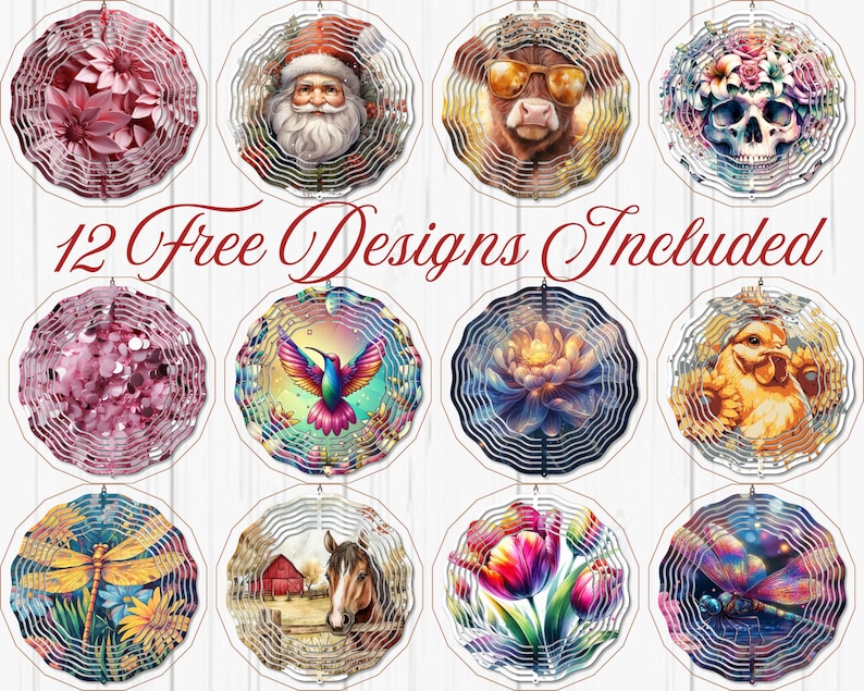 Puede incluir: Una colecci&oacute;n de doce adornos colgantes decorativos con varios dise&ntilde;os, incluyendo un Pap&aacute; Noel, una vaca con gafas de sol, un colibr&iacute; y una calavera floral. El texto "12 Free Designs Included" se muestra en escritura roja.