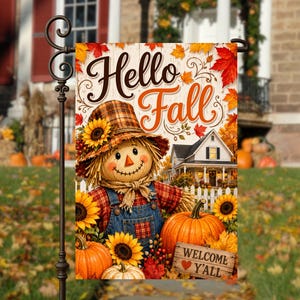 Hello Fall Garden Flag PNG, Scarecrow Pumpkin Sunflower Yard Flag Design, Farmhouse Autumn Porch Decor Download