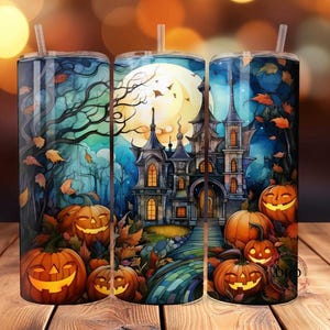 Haunted Castle Stained Glass 20oz Skinny Sublimation Tumbler Wrap Digital Download Png, Halloween Scene, Png Halloween Design