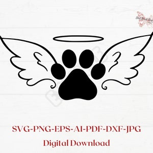 Impression de patte avec halo et ailes d'ange SVG pour machines de découpe Cricut, impression de patte png, ailes d'ange à la mémoire d'un animal de compagnie svg, svg perte d'animal de compagnie