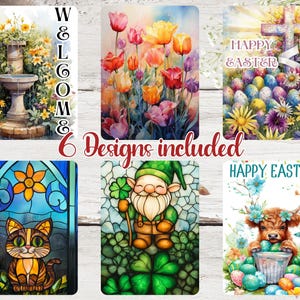 May include: Six designs are shown, including a welcome sign with a fountain, a floral arrangement, and Easter-themed cards. The cards feature tulips, a cross, Easter eggs, a stained-glass cat, a gnome, and a cow with flowers.