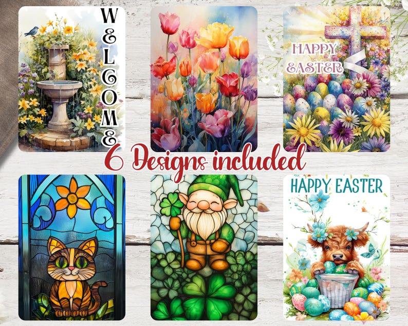 May include: Six designs are shown, including a welcome sign with a fountain, a floral arrangement, and Easter-themed cards. The cards feature tulips, a cross, Easter eggs, a stained-glass cat, a gnome, and a cow with flowers.