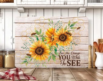 Bee the Change PNG voor sublimatie, rustieke zonnebloem bij snijplank ontwerp, boerderij keuken decor png, digitale download bijenkunst