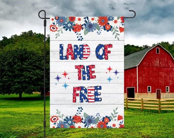 Bandeira de jardim Land of The Free com design de sublimação, bandeira de jardim floral patriótica, bandeira de varanda dos EUA, download digital em PNG