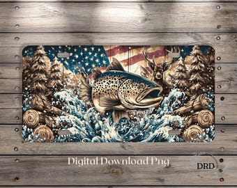 Forellen- und Hirsch-Nummernschild PNG, Rustikales Vaterländisches Sublimationsdesign im Freien, Angeln und Jagen Digital Download, USA Tag