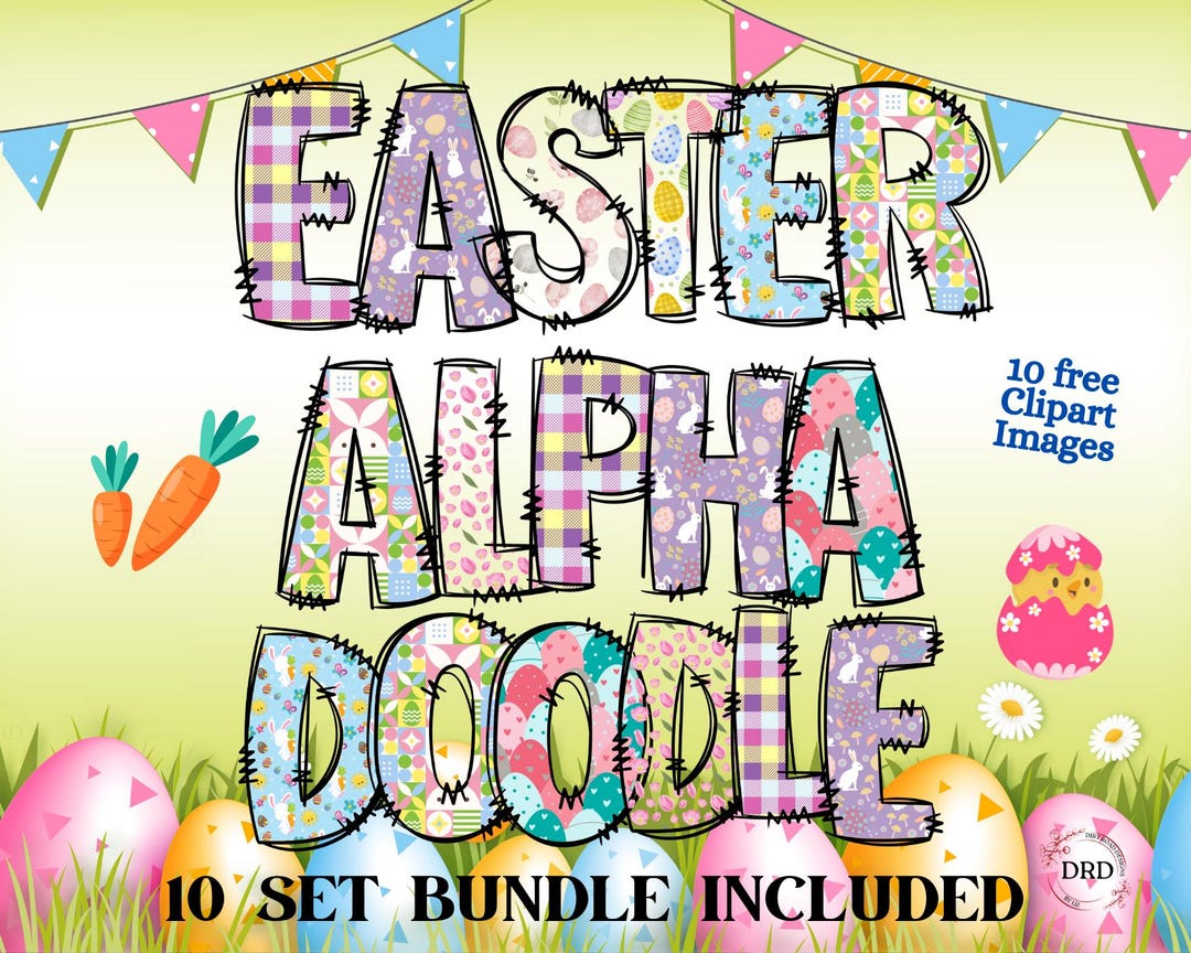 Easter Alpha Doodle Sublimation Bundle, Alphabet Png Bundle, Doodle Set ...