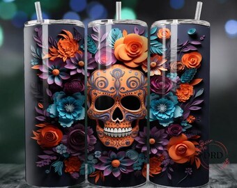 3D Sugar Skull with Flowers 20oz & 30oz Skinny Sublimation Tumbler Wrap, Skull 20oz 30oz sublimation tumbler design, Skull png. Digital