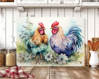 Diseño PNG de tabla de cortar con gallo para sublimación, tabla de cortar de vidrio con pollos, tabla de cortar de cocina para descarga digital, gallo en acuarela PNG