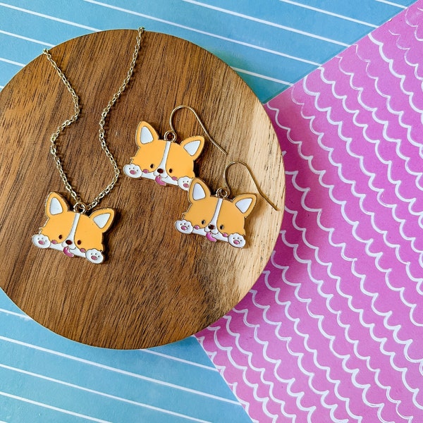 Corgi Pup | Dog Necklace | Dog Earrings | Jewelry Set | Enamel Pendant | Dog Gift | Dog Jewelry | Cute Gift | Girl Gift | Garden Gift