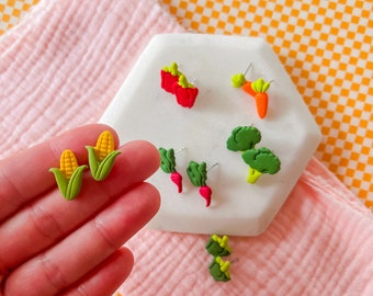 Pendientes de arcilla polimérica con forma de vegetales o jardineros, de acero inoxidable