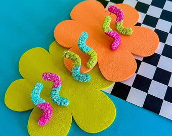 Sour Gummy Worm Studs: Handmade Polymer Clay Candy Earrings