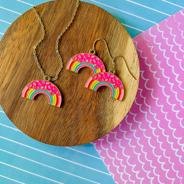 Sprinkle Rainbow | Rainbow Necklace | Rainbow Earrings | Jewelry Set | Enamel Pendant | Rainbow Gift | Rainbow Jewelry |Cute Gift |Girl Gift