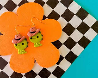 Dina | Clay Dino Earrings | Teacher Gift | Cowboy Earrings | Kawaii Earrings | Cute Dinosaur |Girl Gift |Foodie Gift |Clay Dinosaur Earrings