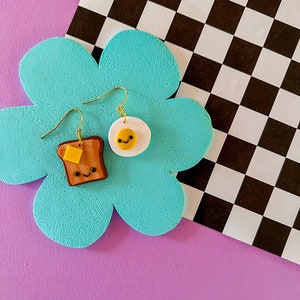 Kawaii Toast & Egg Earrings: Polymer Clay Food Jewelry