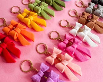 Polymer Clay Bow Dangle Earrings: Gold Plated Leverback