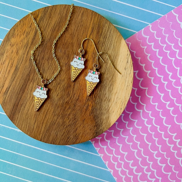 Kitty Cone | Cat Necklace | Cat Earrings | Jewelry Set | Enamel Pendant | Cat Gift | Cat Jewelry | Cute Gift | Girl Gift |Enamel Earrings