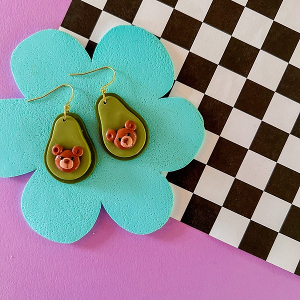 Benny | Bear Avocado Earrings | Avocado Gift | Cute Earrings | Kawaii Earrings | Cute Food | Chef Gift | Foodie Gift | Clay Avocado Earrings