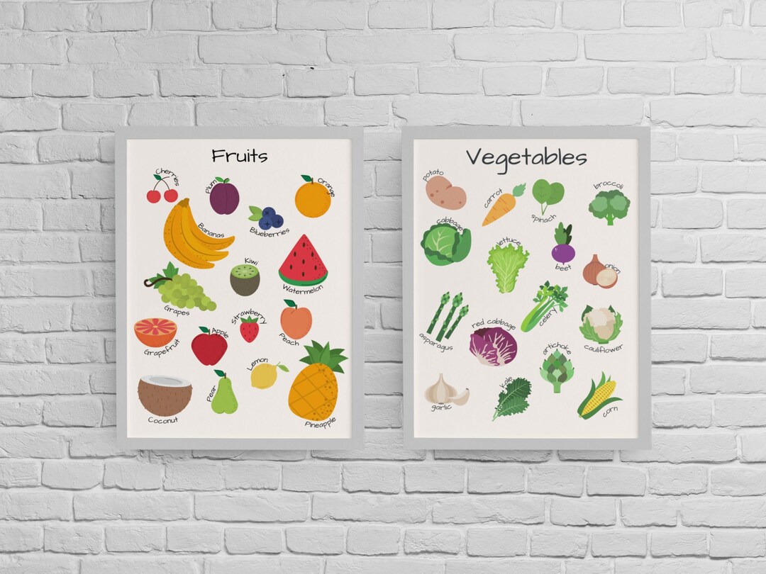 kitchen print set of 2 fruit print vegetable print... Vegetables Print, Set of Two Fruits and Vegetables Prints, Educational ...