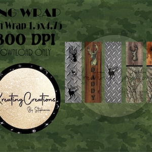 May include: Five digital pen wrap designs featuring a camouflage pattern, a wood grain pattern, a metal pattern, and two different deer silhouettes. The text "Daddy" and "Back Off" are included in the designs. The designs are 1.5 inches by 4.75 inches and 300 DPI.