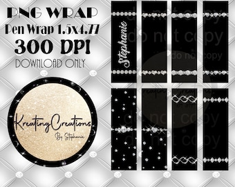 May include: A set of 8 digital pen wrap designs featuring black and white backgrounds with silver glitter diamond patterns. The designs include a repeating diamond pattern, a diamond border, and a diamond heart pattern. The text "Stephanie" and "Kreating Creations by Stephanie" are also included in the designs.