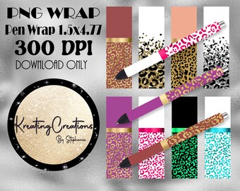 May include: A set of 8 printable pen wraps featuring a leopard print design with gold glitter accents. The wraps are 1.5x4.77 inches and 300 DPI. PNG WRAP Pen Wrap 1.5x4.77 300 DPI DOWNLOAD ONLY Kreating Creations By Stephanie